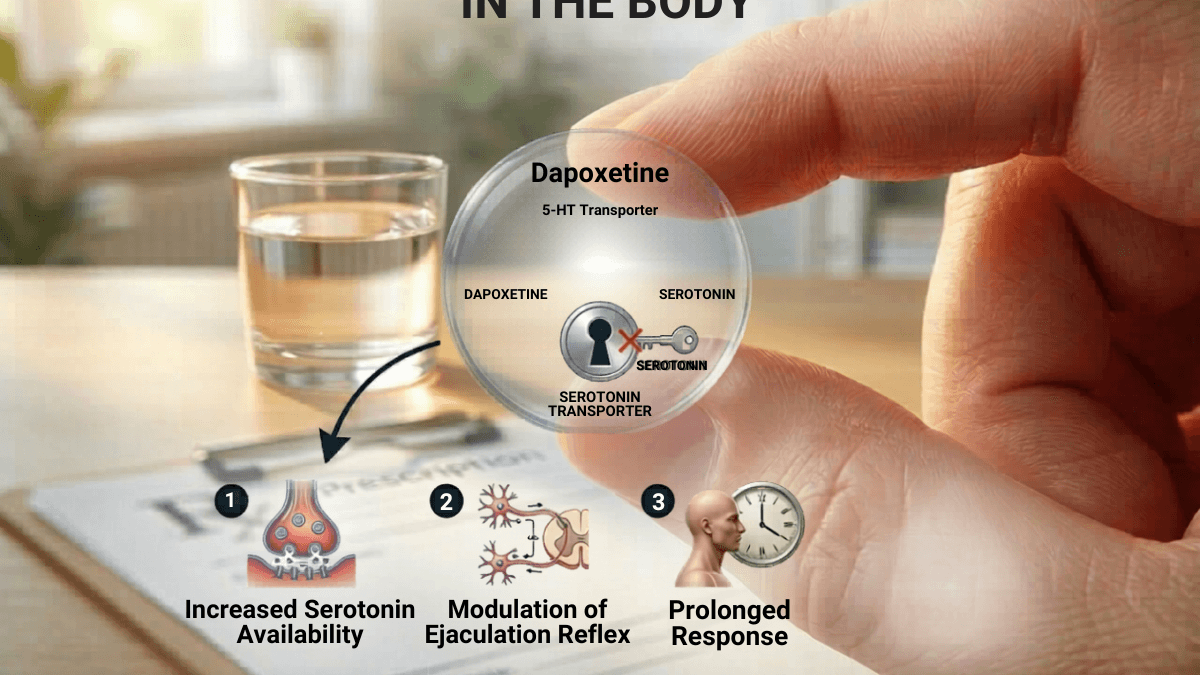 Dapoxetine mechanism diagram showing serotonin transporter blockade and delayed ejaculation response