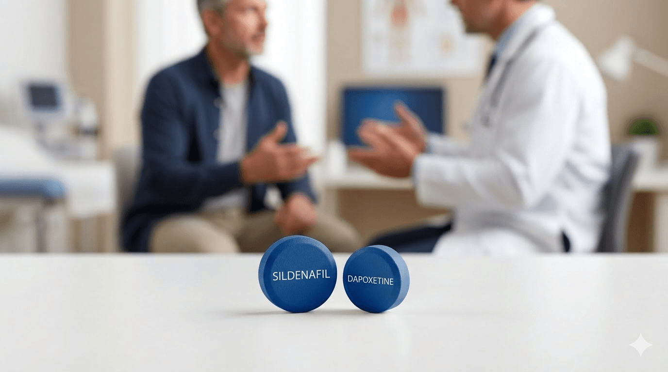Male patient consulting a doctor with sildenafil and dapoxetine tablets on a clinical desk in the foreground
