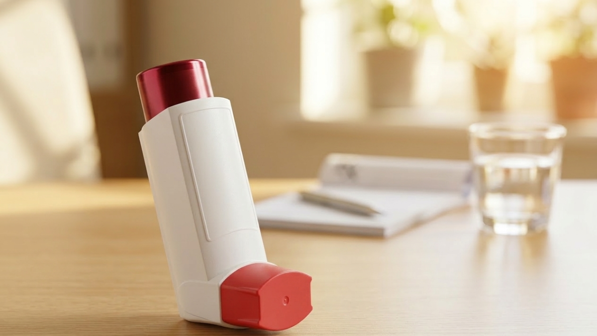 Foracort 200 inhaler on a desk with prescription notepad and glass of water