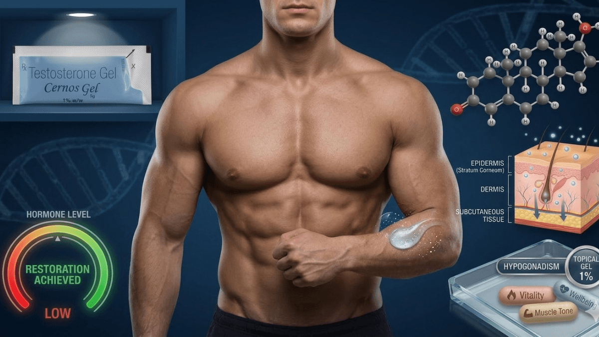 Muscular man applying Cernos Testosterone Gel 1% to arm, with hormone level gauge, skin absorption layers, molecular structure and hypogonadism treatment infographic