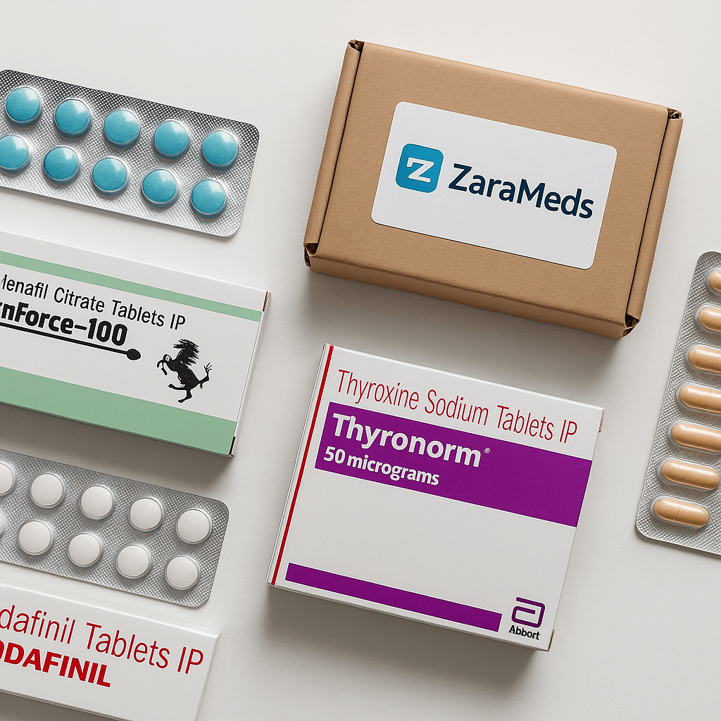 ZaraMeds delivery box with generic medicines and blister packs.