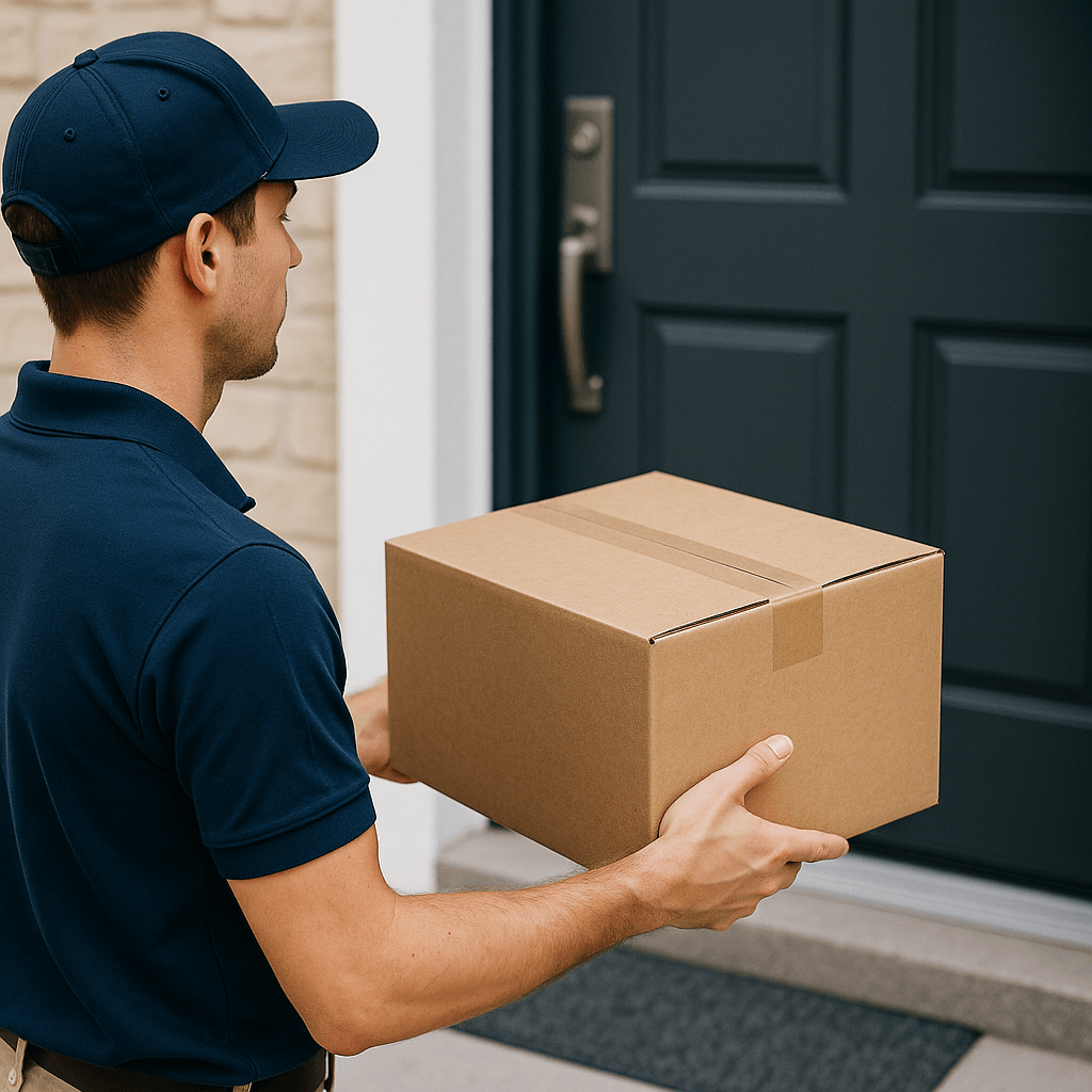 Courier delivering a sealed medicine package at a customer’s doorstep.