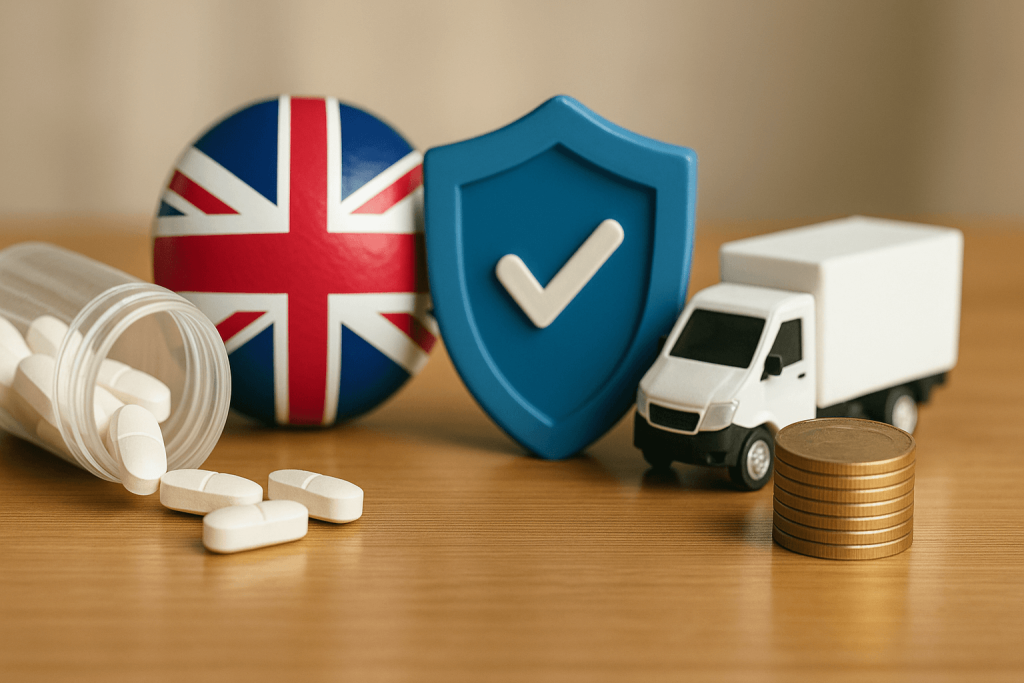 UK safety shield, pills, and delivery truck symbolizing secure, affordable medicine delivery.