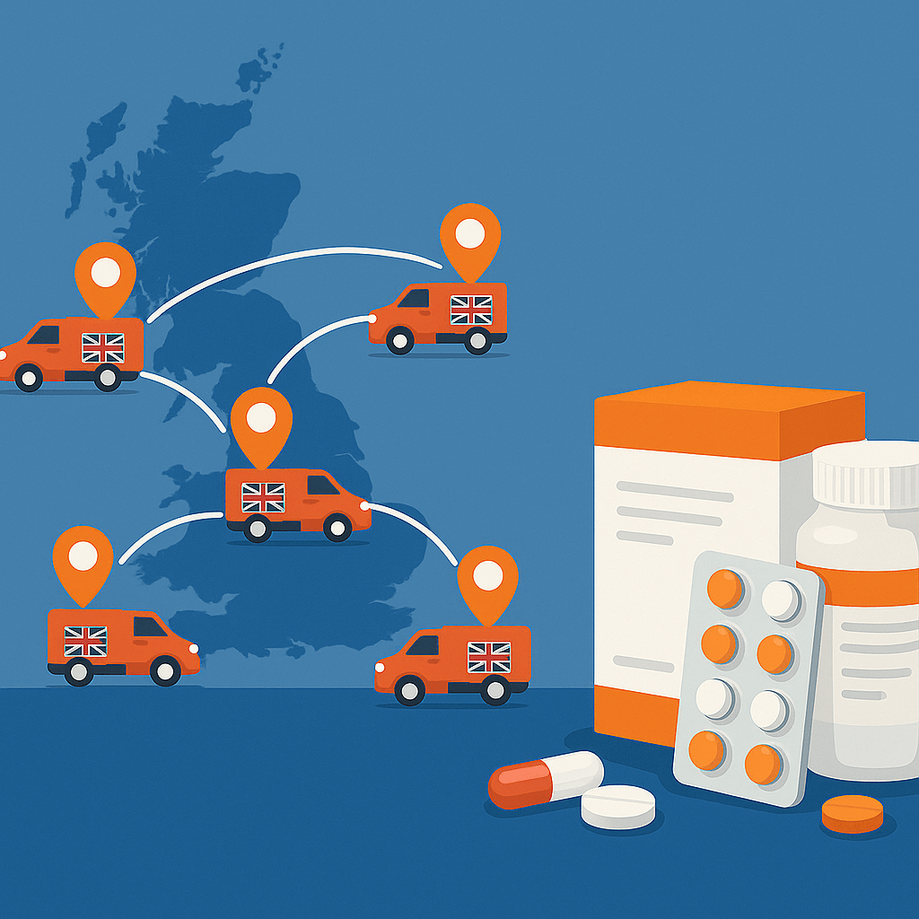 UK delivery map with vans showing tracked international medicine shipping.