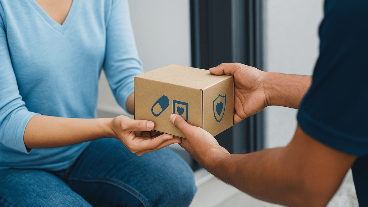 Customer receiving a discreet healthcare delivery box at their door.