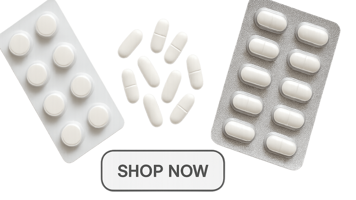 White tablets and blister packs with a SHOP NOW button.