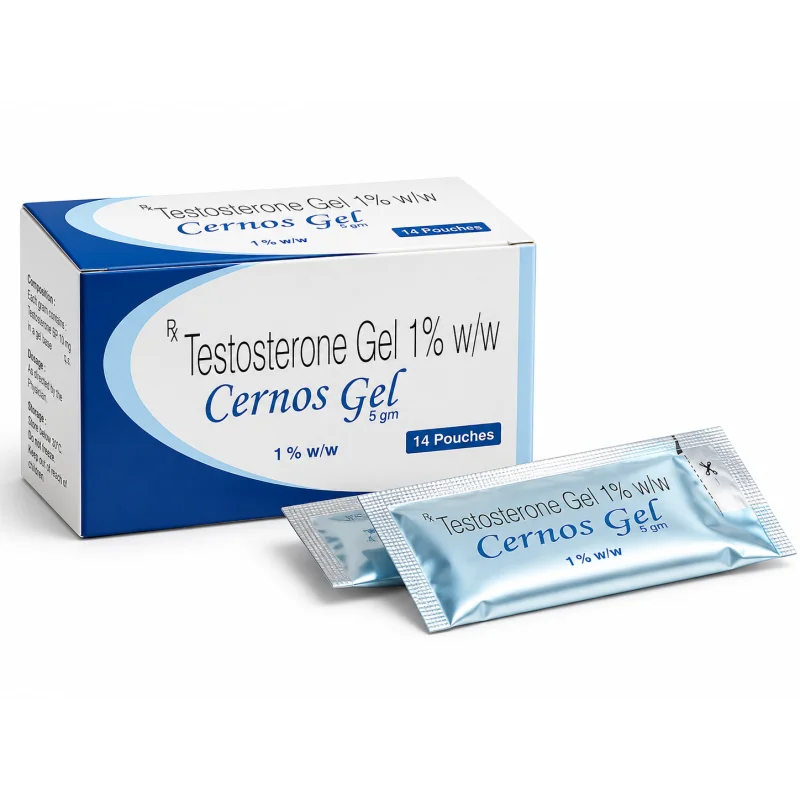 Cernos Gel Testosterone Gel 1% w/w box and pouches, 5gm, 14 pouches