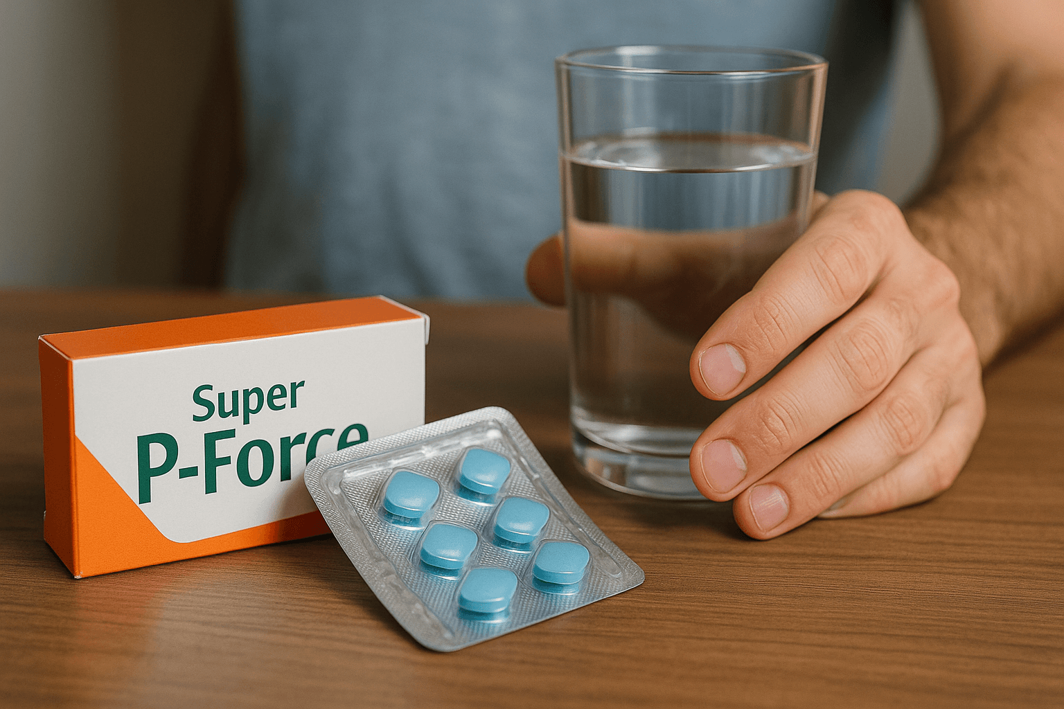Super P Force tablets with water glass for male sexual health treatment.