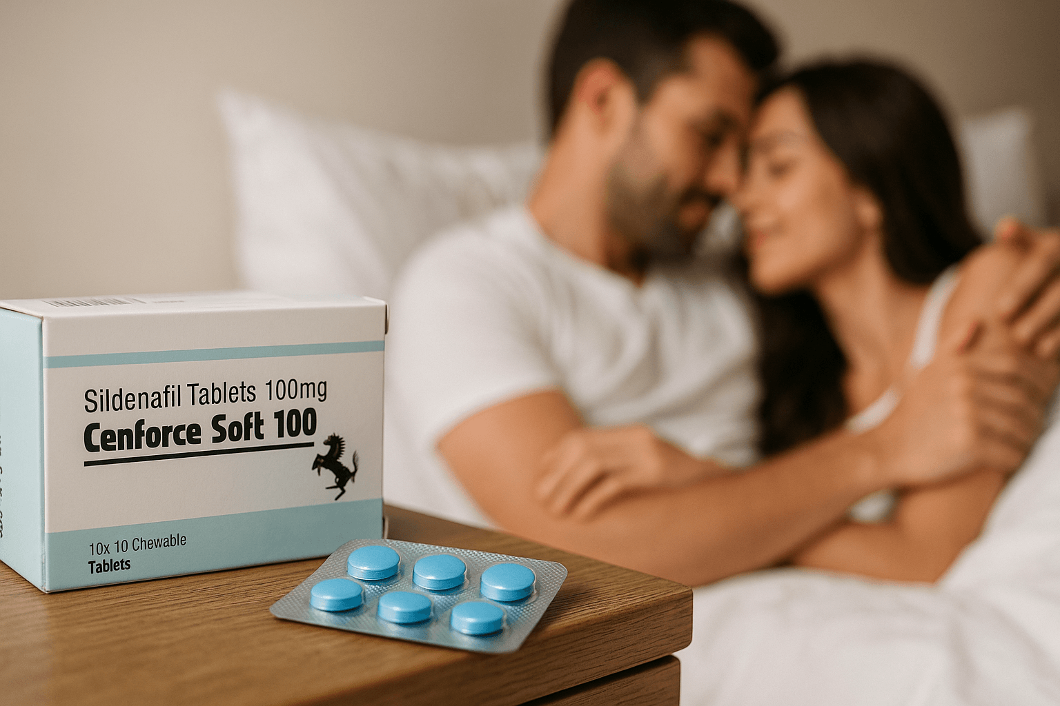 A couple seen in the background of a box of Cenforce Soft 100 pills on a bedside table.