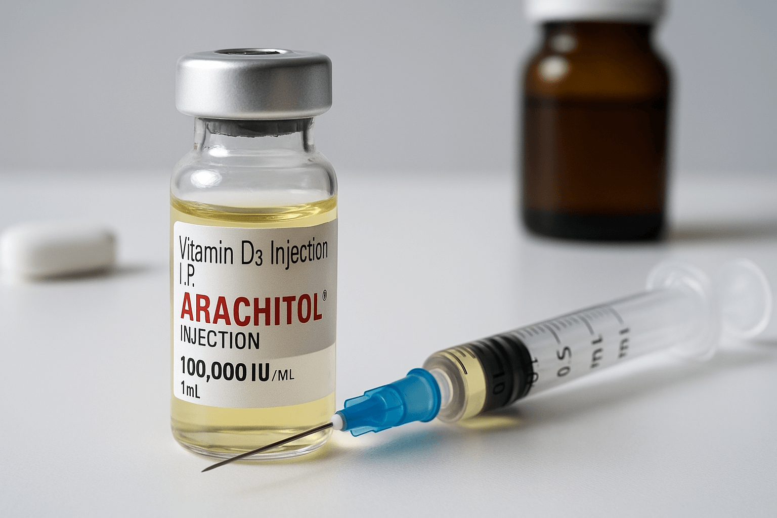 Syringe and Arachitol vitamin D3 injection vial on a table