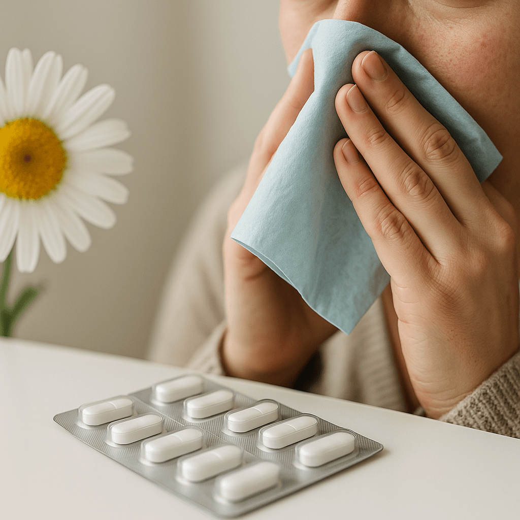 Sneezing when carrying an allergy and anti-allergic medication pack.
