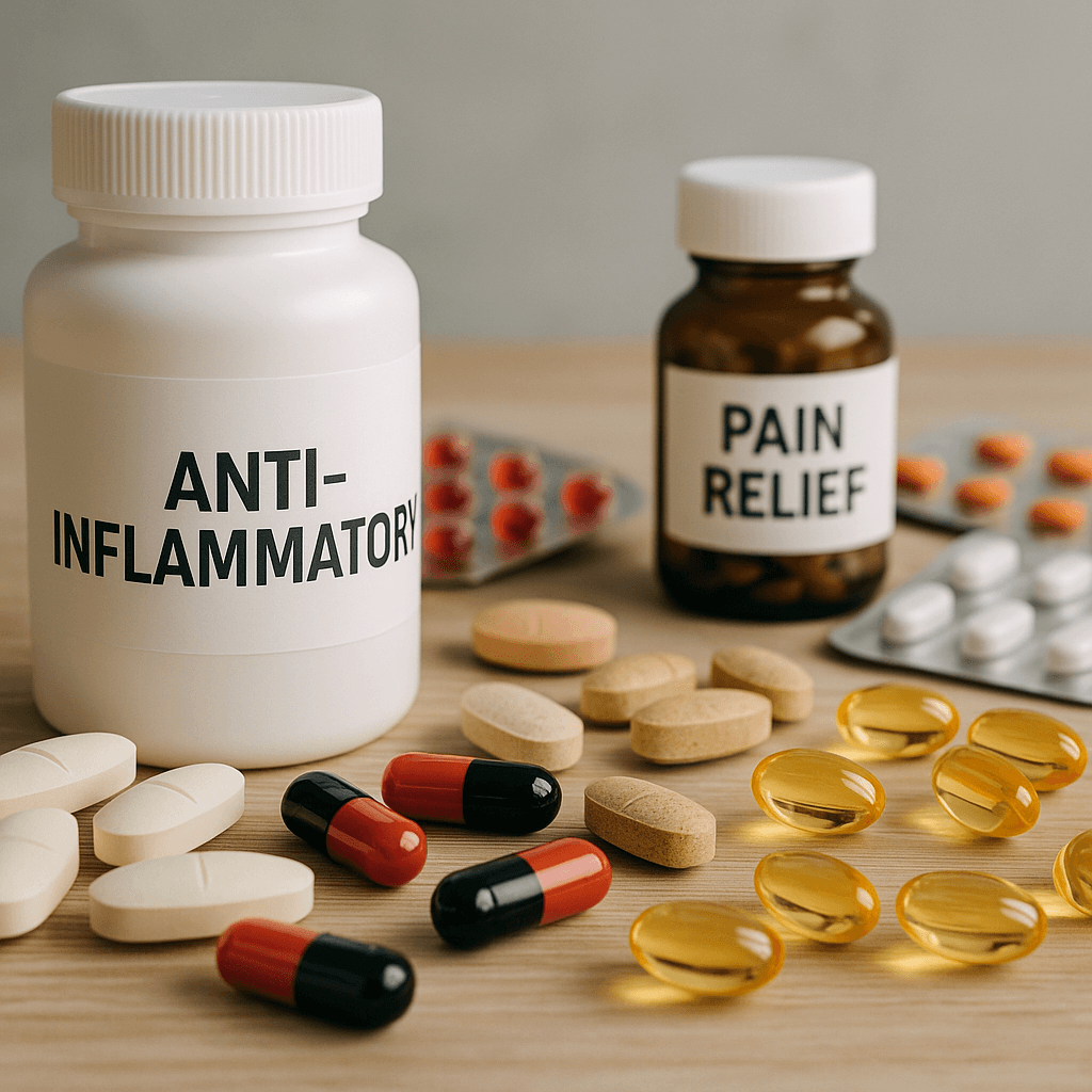 Bottles labeled anti-inflammatory and pain relief with assorted pills on a table.