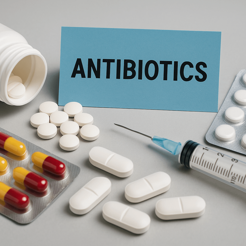 Various antibiotic pills, syringe, and blister packs on a table.