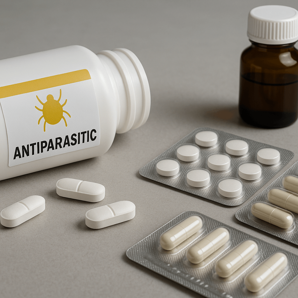 Antiparasitic tablets and blister packs with a labeled bottle.