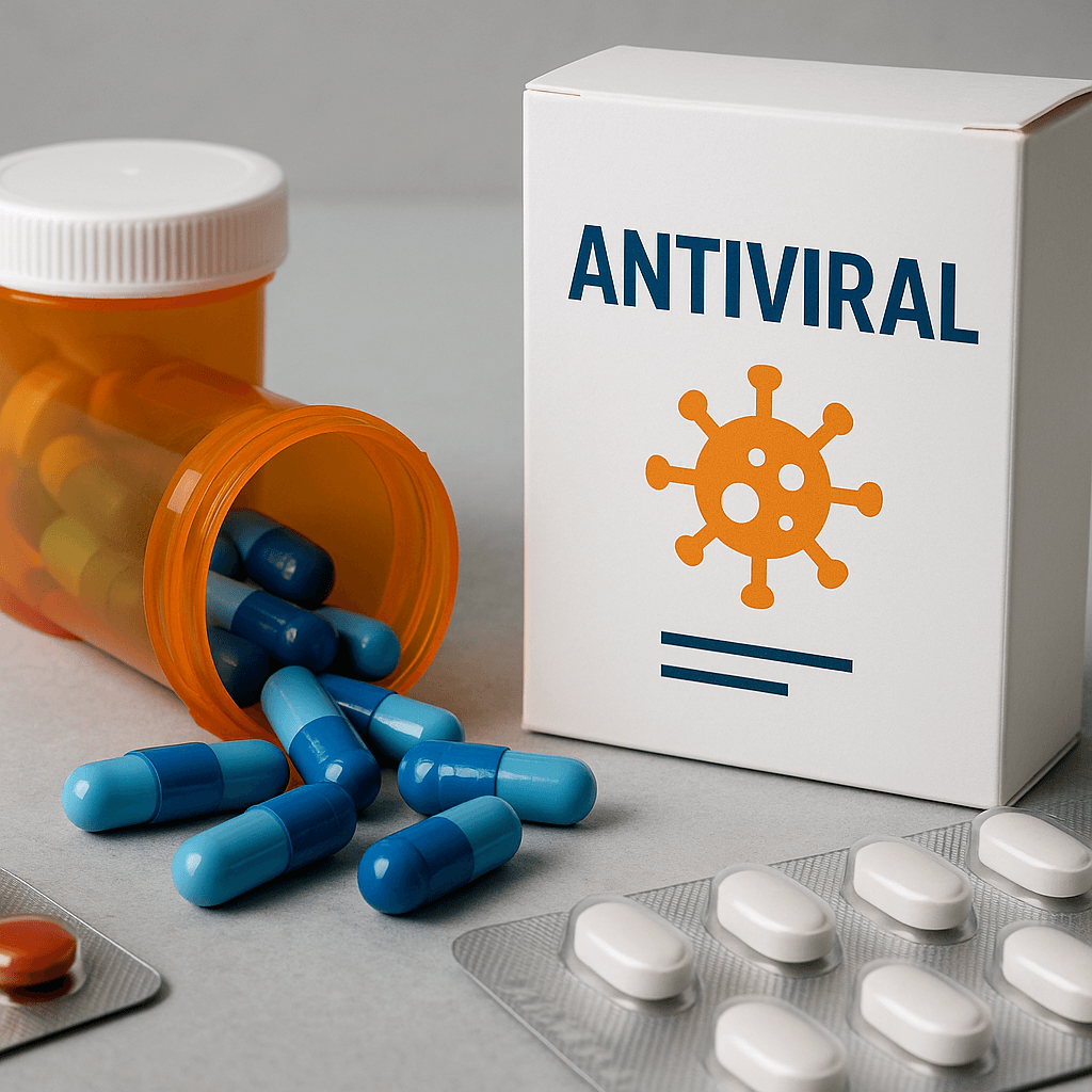 Antiviral medicine spilled and at the side medicine box is placed