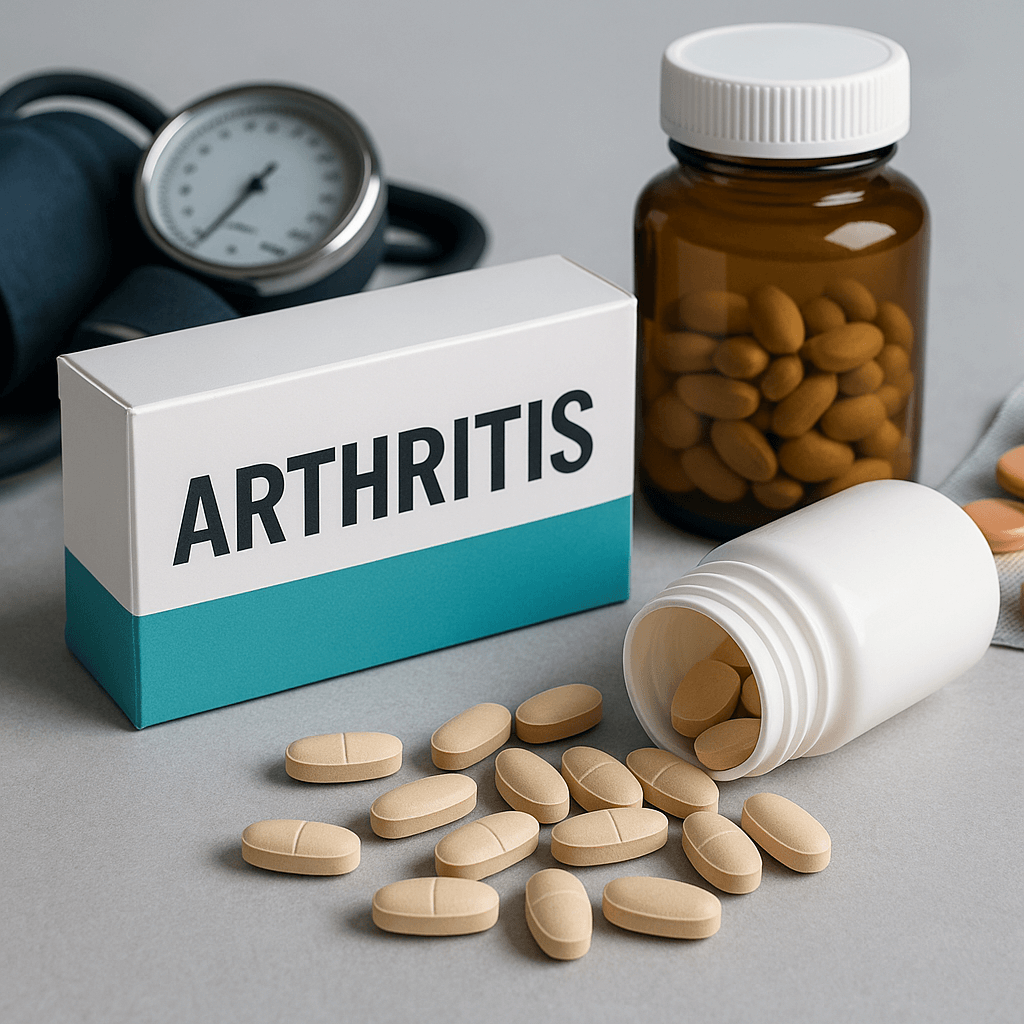 Arthritis medicine box and pill bottle with tablets scattered on a surface.