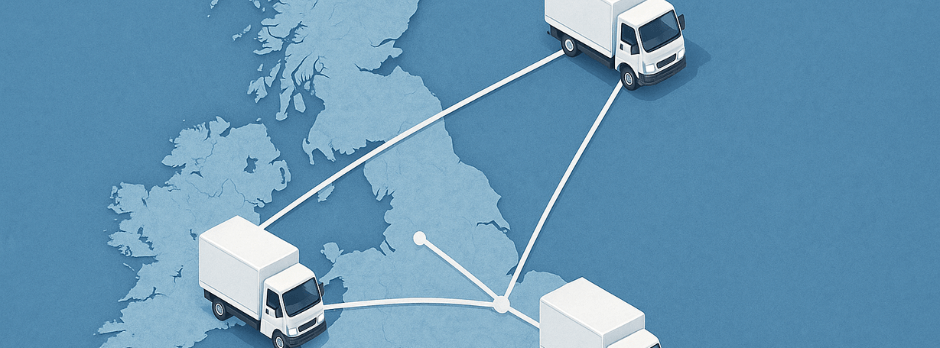 Delivery trucks connecting locations across the UK, representing fast nationwide medicine shipping.