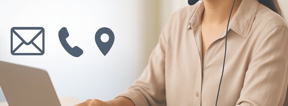Contact support graphic with a representative that displays the location, phone, and email icons.