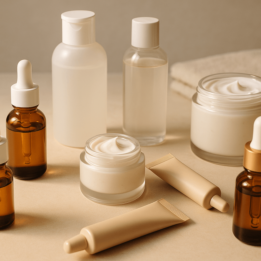 Assorted skincare bottles, creams, and tubes arranged on a beige surface.