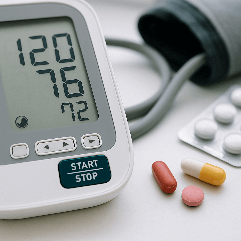 Blood pressure monitor with pills and a medicine blister pack on a table.
