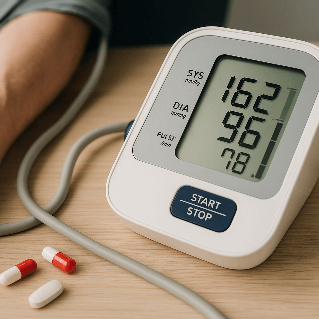 A digital blood pressure monitor shows a high blood pressure measurement.