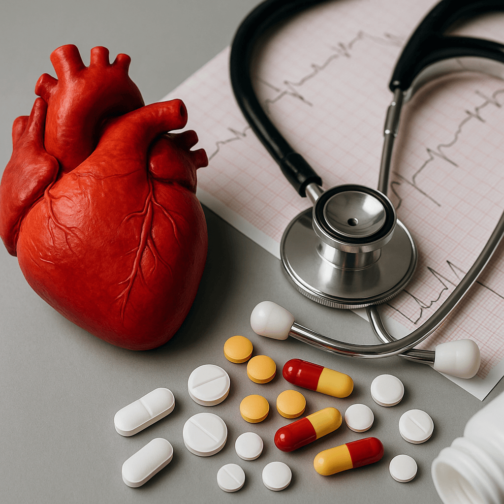 Heart model with cardiovascular medicines and stethoscope.