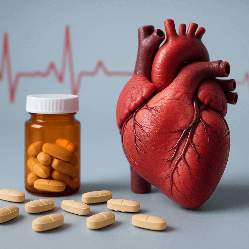 Human heart model placed next to a pill bottle and scattered tablets with an ECG line in the background.