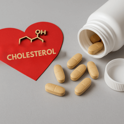 Cholesterol tablets placed beside heart graphic.