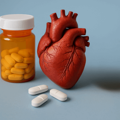 Heart model beside a bottle of yellow tablets and a few white pills on a blue surface.