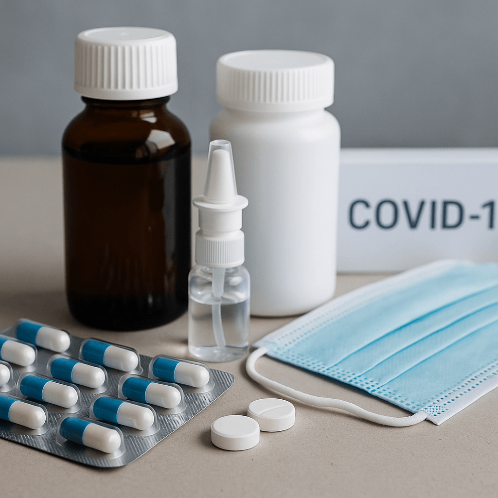 Medicines, tablets, nasal spray and face mask for COVID-19 care.