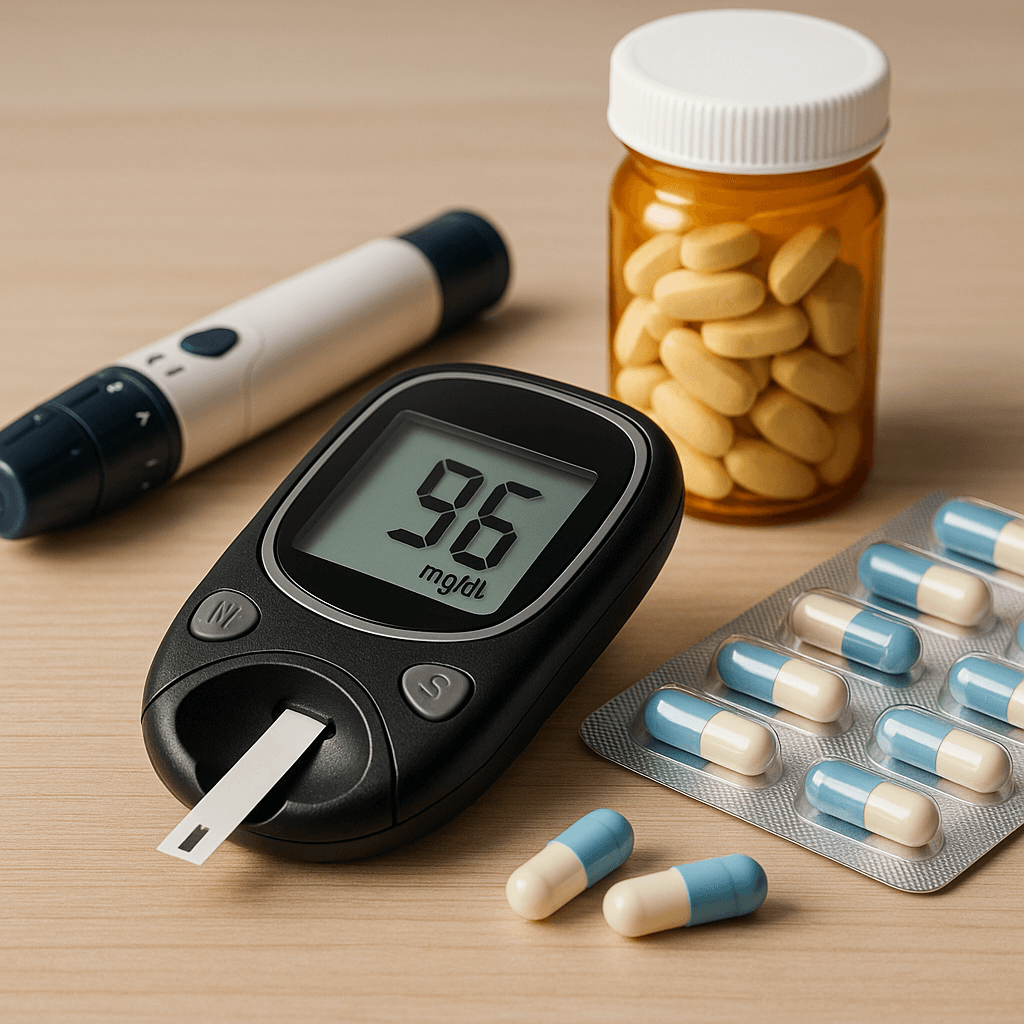 Using diabetes medicines, a glucose meter measures blood sugar.