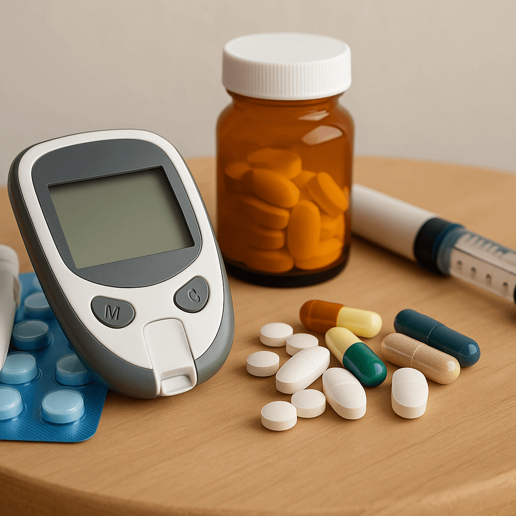 Glucose meter, pills, syringe, and medicine bottle on a wooden table.