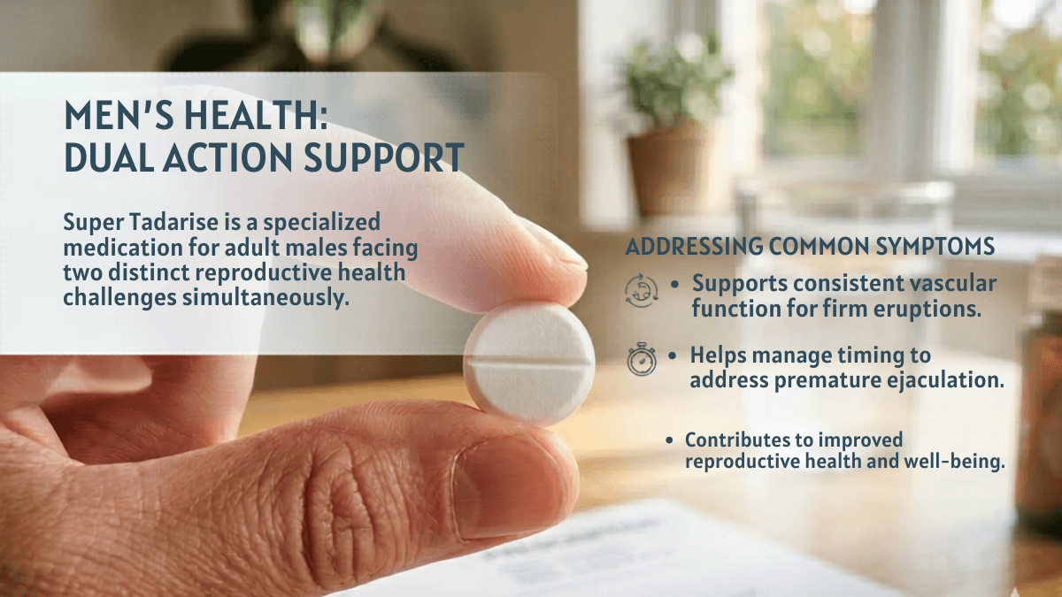 Super Tadarise tablet held in hand, prescribed for erectile dysfunction and premature ejaculation in adult males 