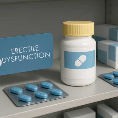 White pill bottle and blue tablets labeled for erectile dysfunction on a pharmacy shelf.
