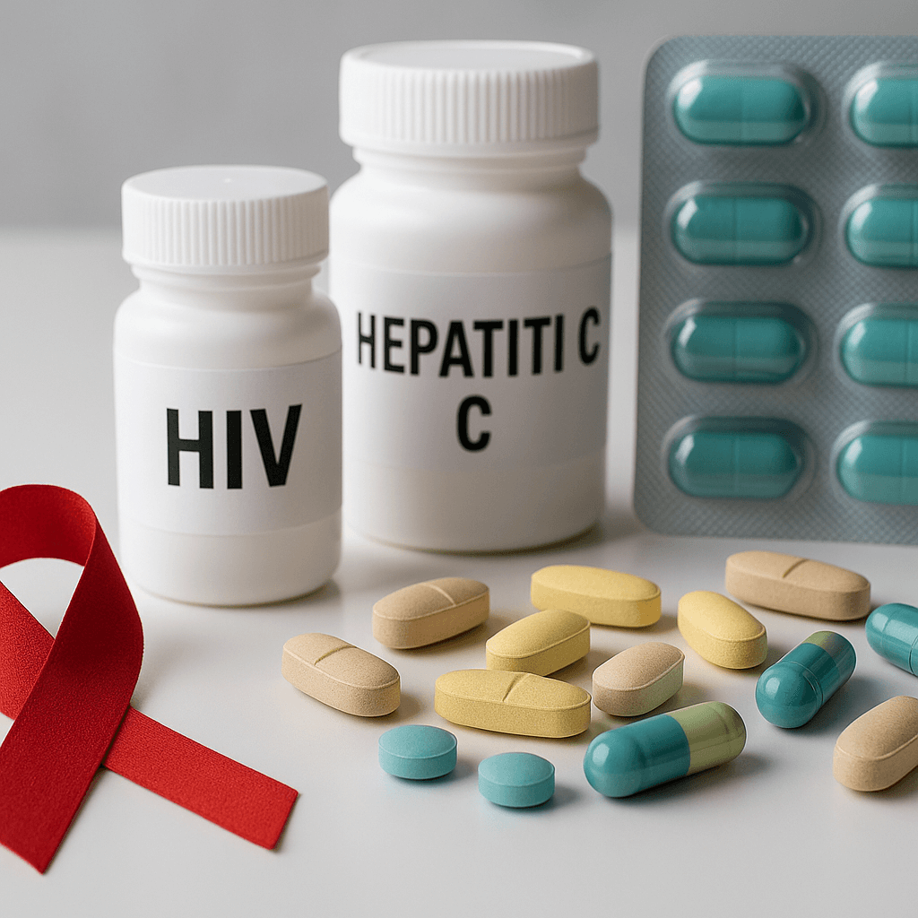 Bottles labelled HIV and Hepatitis C with antiviral tablets.