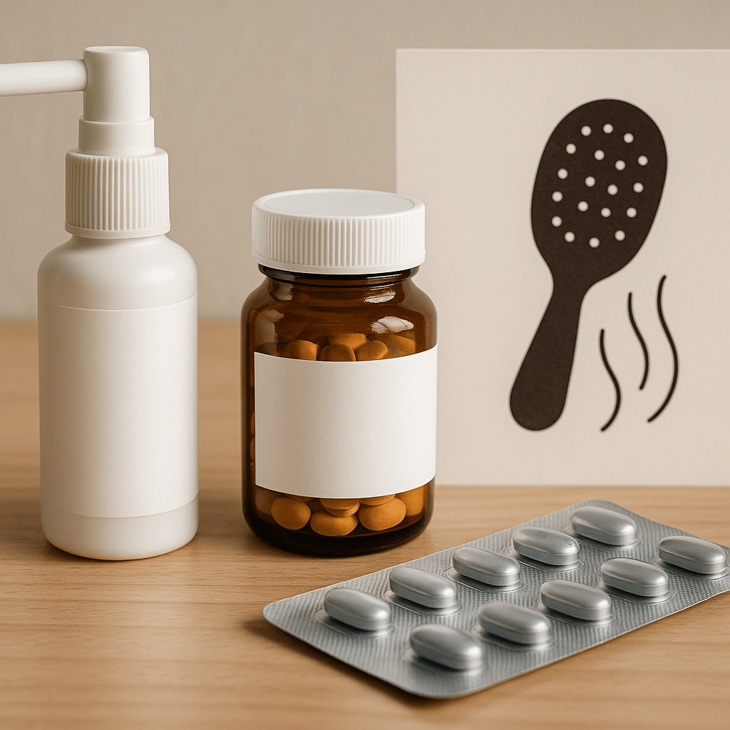 Medicine bottles and pills placed beside a hairbrush icon representing hair loss treatment.