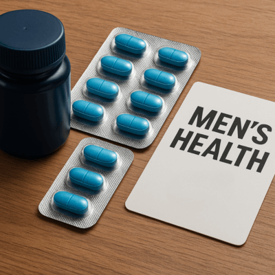 Blue pill bottle with blister packs of blue tablets next to a card labeled “Men’s Health.”