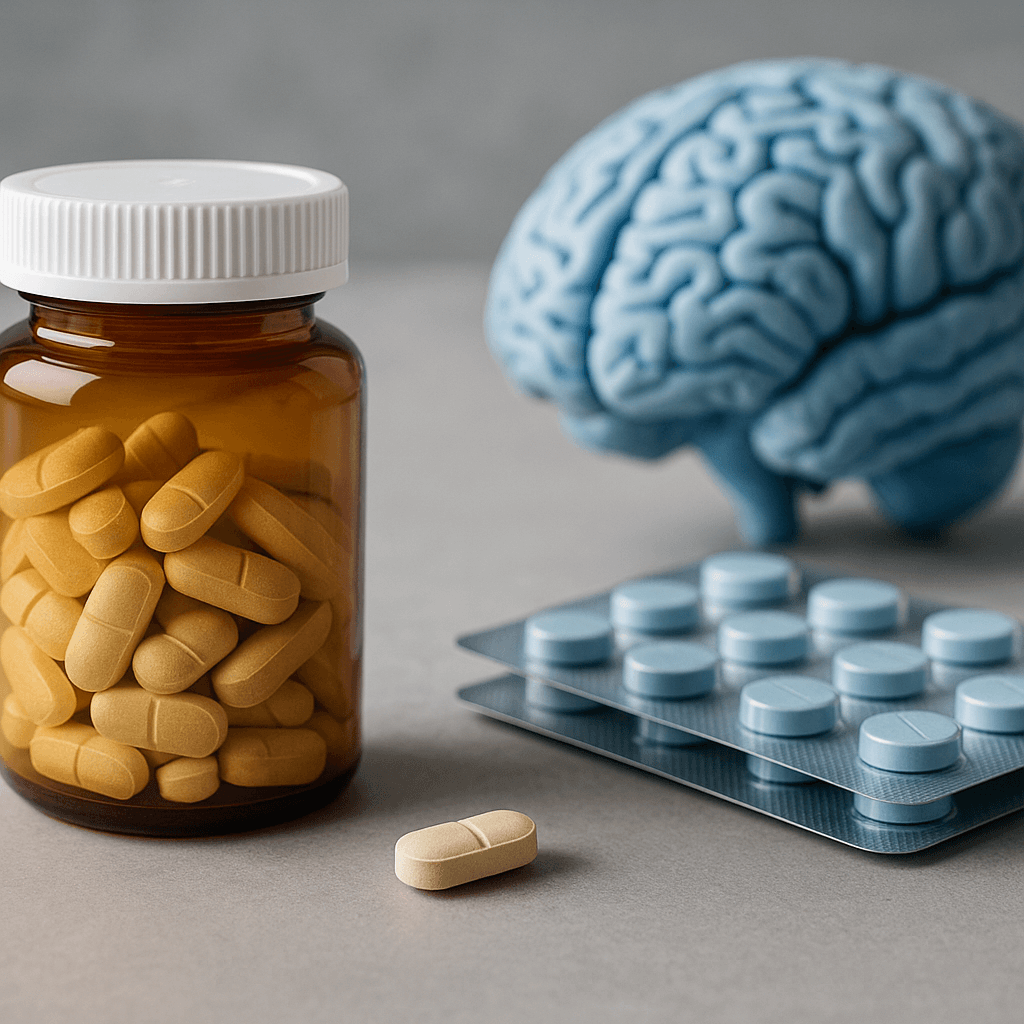 Pill bottle and blister pack placed beside a brain model.