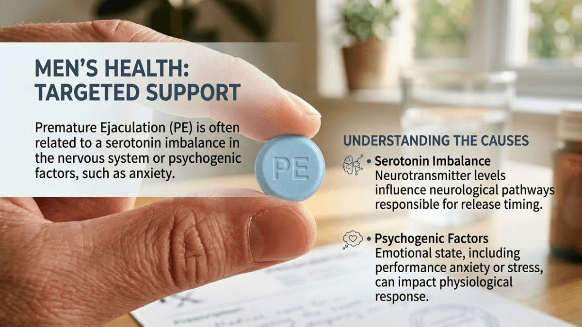 Premature ejaculation causes are explained by serotonin imbalance and psychogenic factors, a men's health prescription tablet.