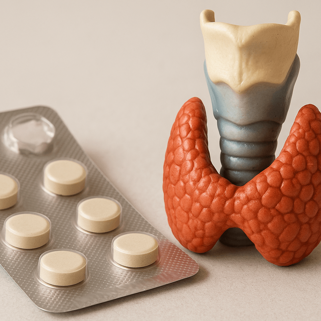Thyroid model with prescription tablets for thyroid medicines. 