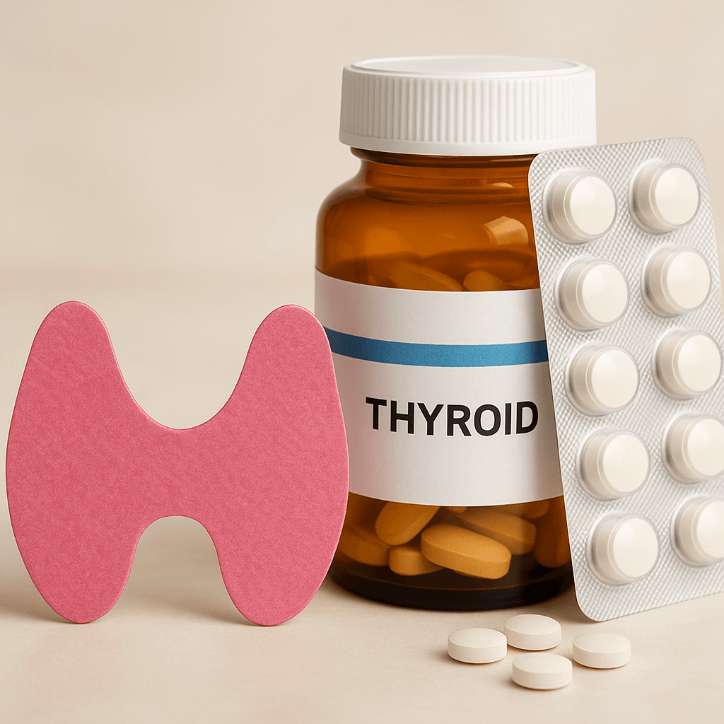 Thyroid-shaped icon with a pill bottle labeled “Thyroid” and a blister pack of tablets.