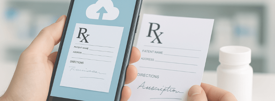 Phone showing prescription upload with printed medicine slip