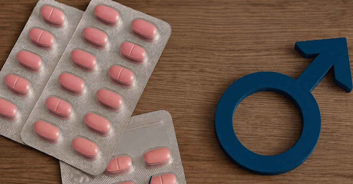 Blister packs of pink Tadarise Pro 20 tablets (Tadalafil 20mg) for erectile dysfunction treatment, displayed alongside a blue male gender symbol on a wooden surface.