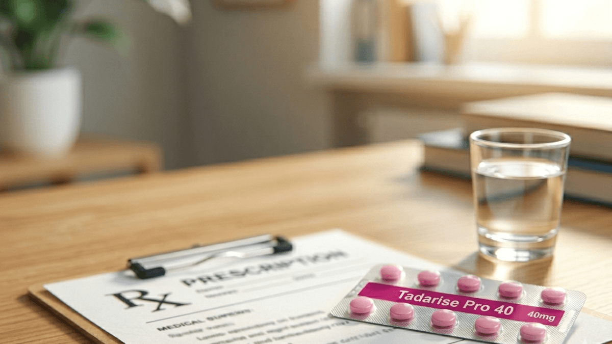 Tadarise Pro 40mg Tadalafil tablets blister pack beside a prescription form and glass of water on a desk