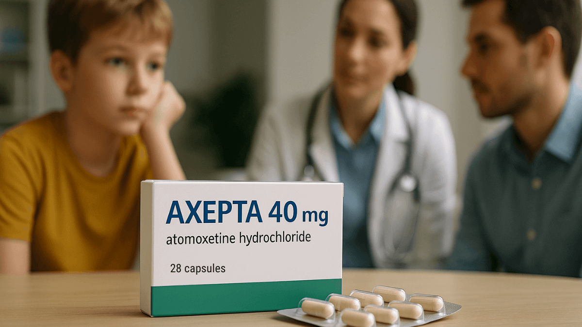 Axepta 40 mg atomoxetine capsules for ADHD treatment.