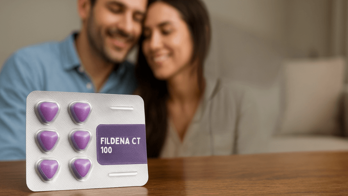 Fildena CT 100 tablet blister pack with a couple in the backdrop