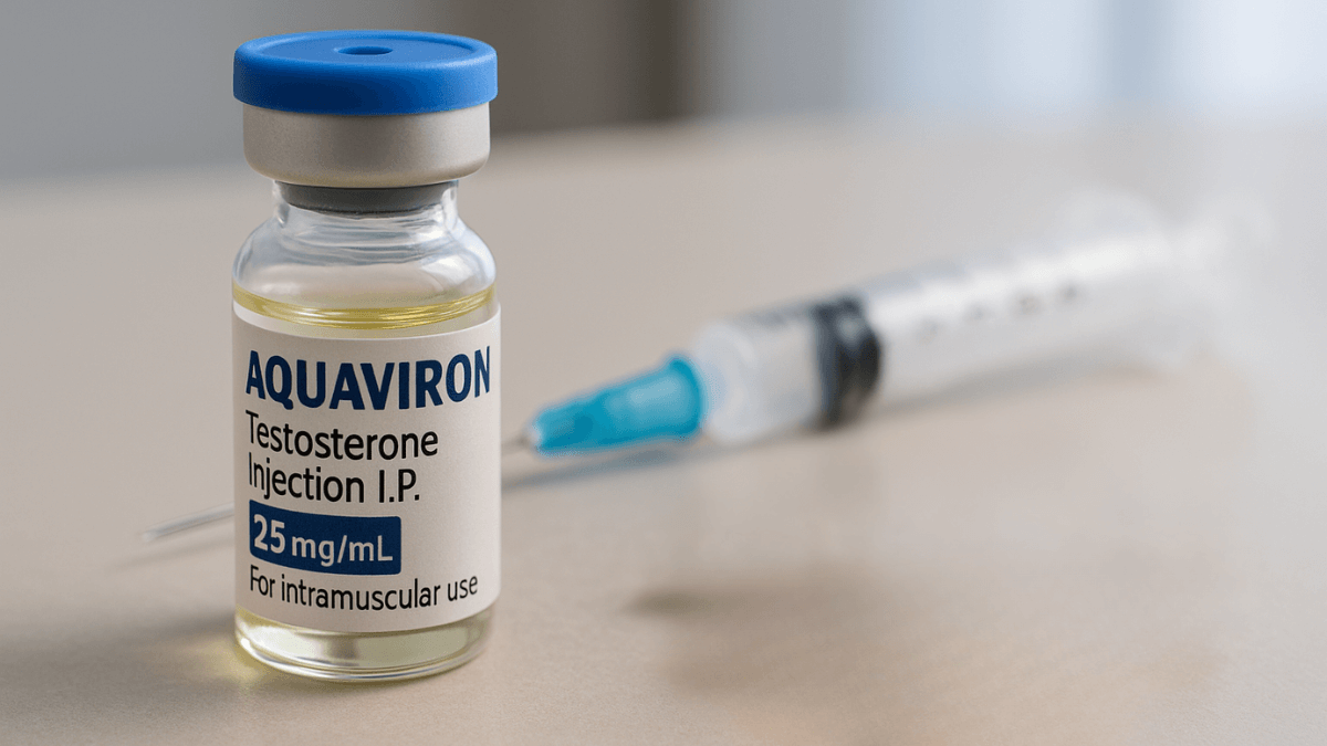 Syringe and Aquaviron testosterone injection vial on table