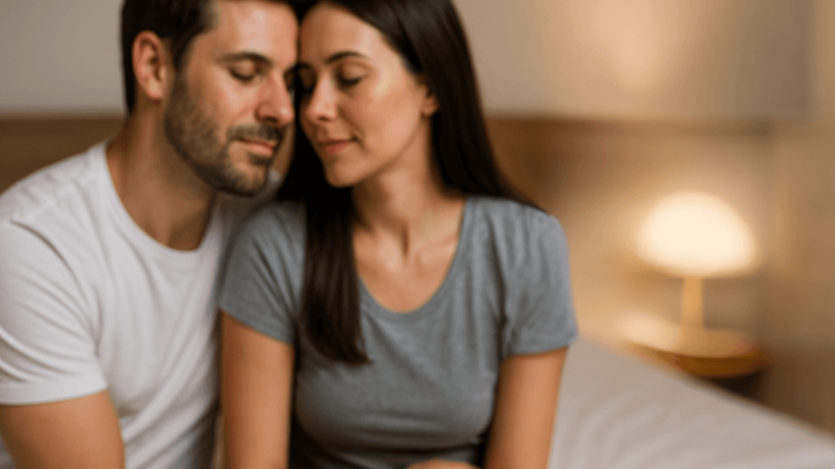 Couple sitting closely together in bedroom — illustrating the emotional impact of erectile dysfunction and premature ejaculation on relationships
