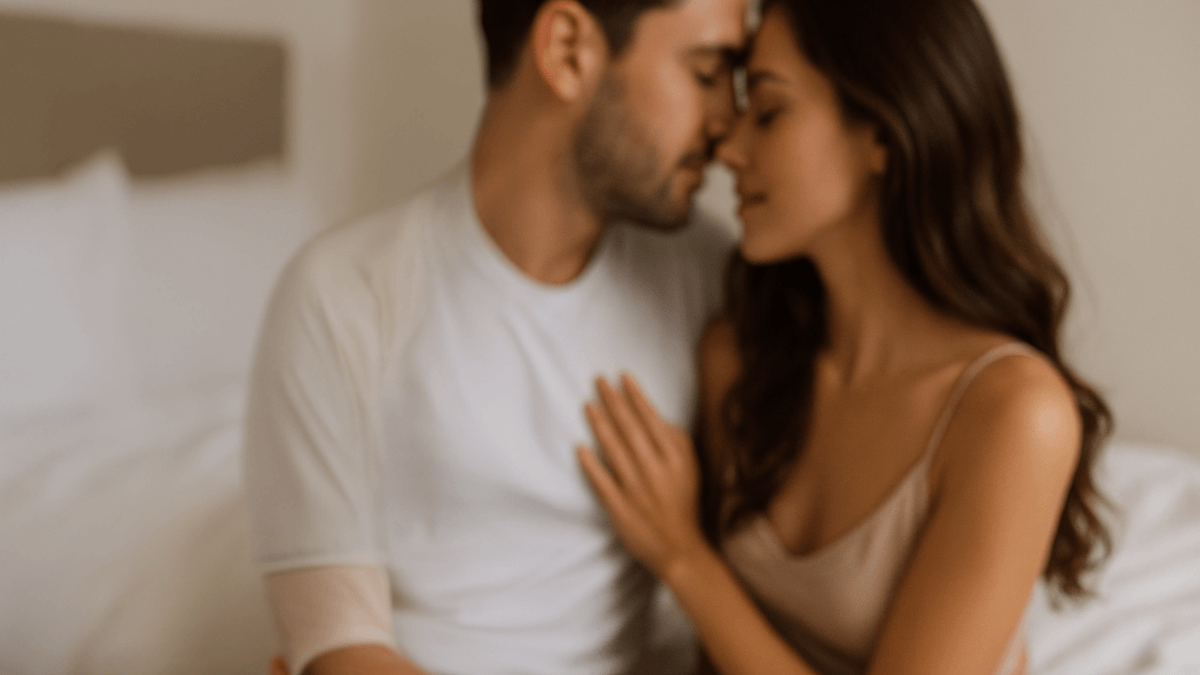 Romantic couple embracing closely on a bed, sharing an intimate moment.