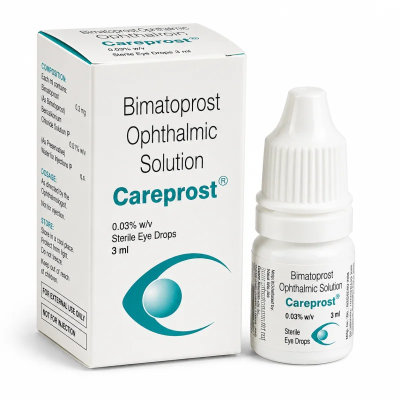 Careprost Bimatoprost Ophthalmic Solution box and bottle, 0.03% w/v sterile eye drops, 3ml